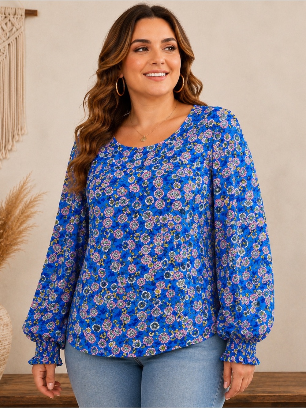 Women Plus 2X Floral Blue Long Sleeve Top Boho Feminine Garden Cottagecore